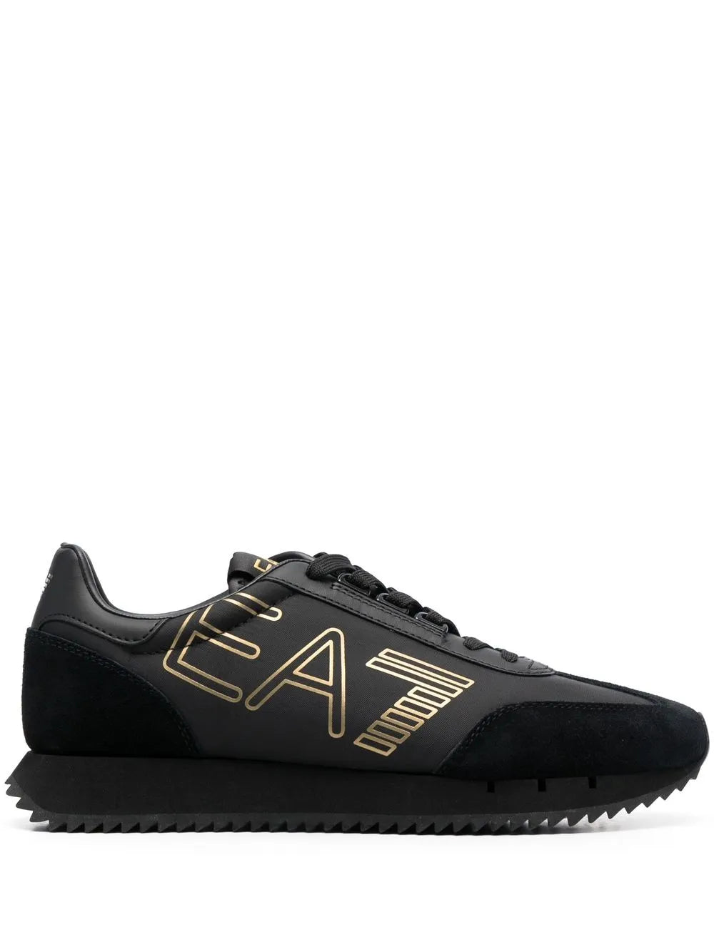 Black low-top sneakers with gold EA logo print and lace-up closure