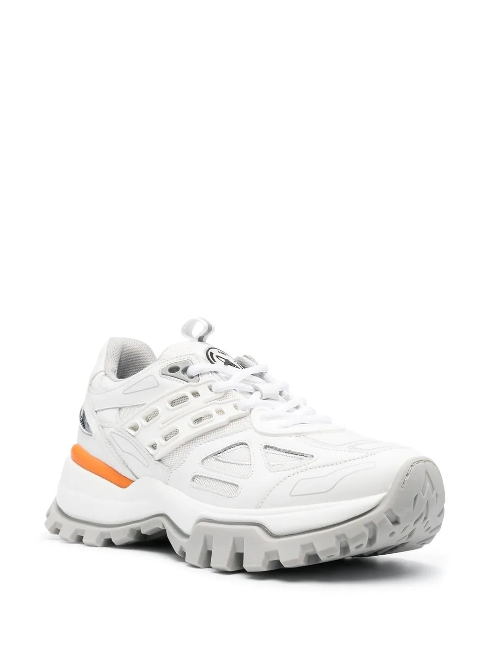 White low-top sneakers, side view, lace-up with orange stripe and rugged sole