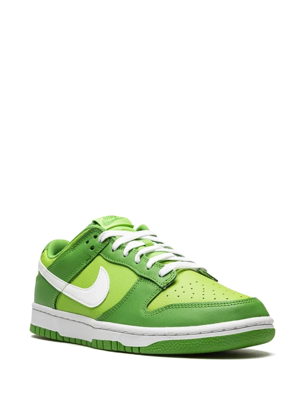 Green low-top Nike sneakers, front three-quarter view, white swoosh and laces