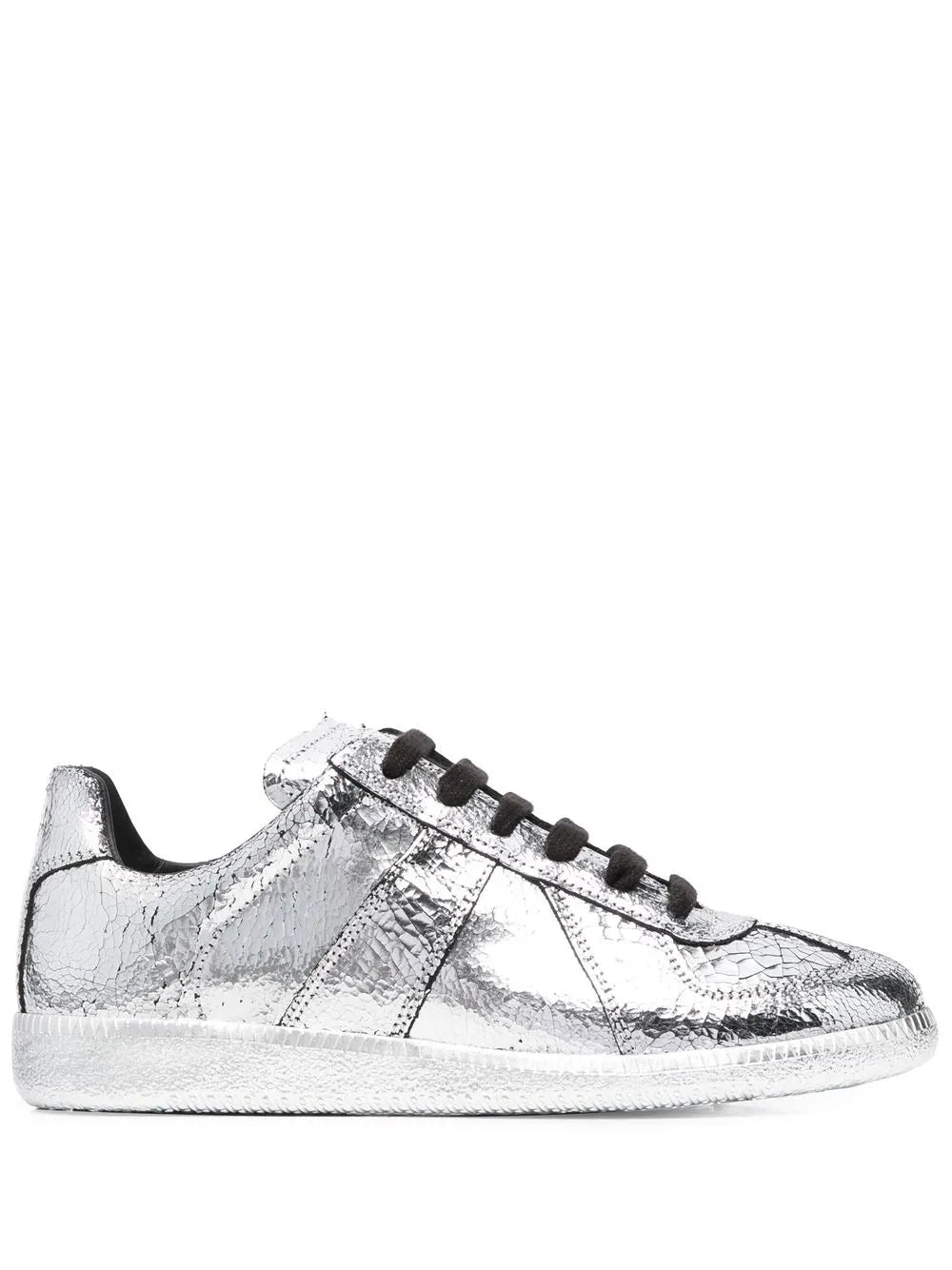 Silver metallic low-top sneaker with black laces and side panel stitching