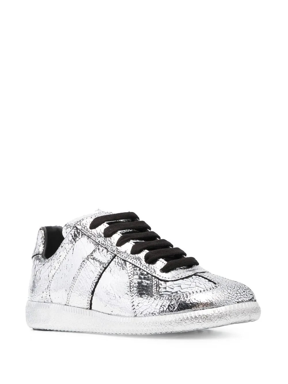 Silver metallic low-top sneaker with black laces, side profile view