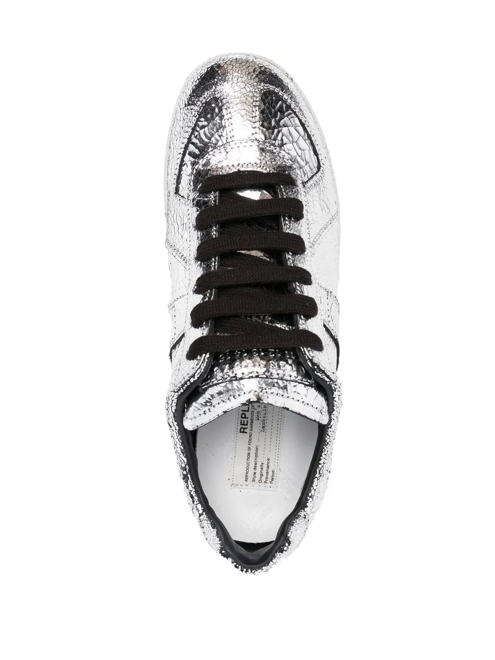 Silver metallic low-top sneaker with black laces and lace-eyelet panel