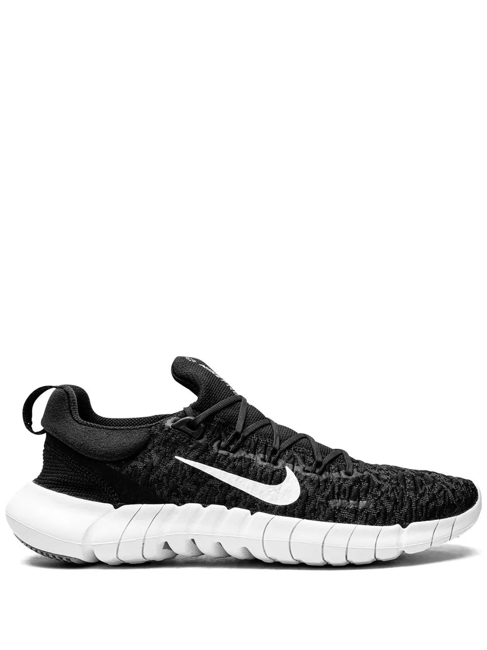 Black knit lace-up running shoe with white Nike swoosh and cushioned sole