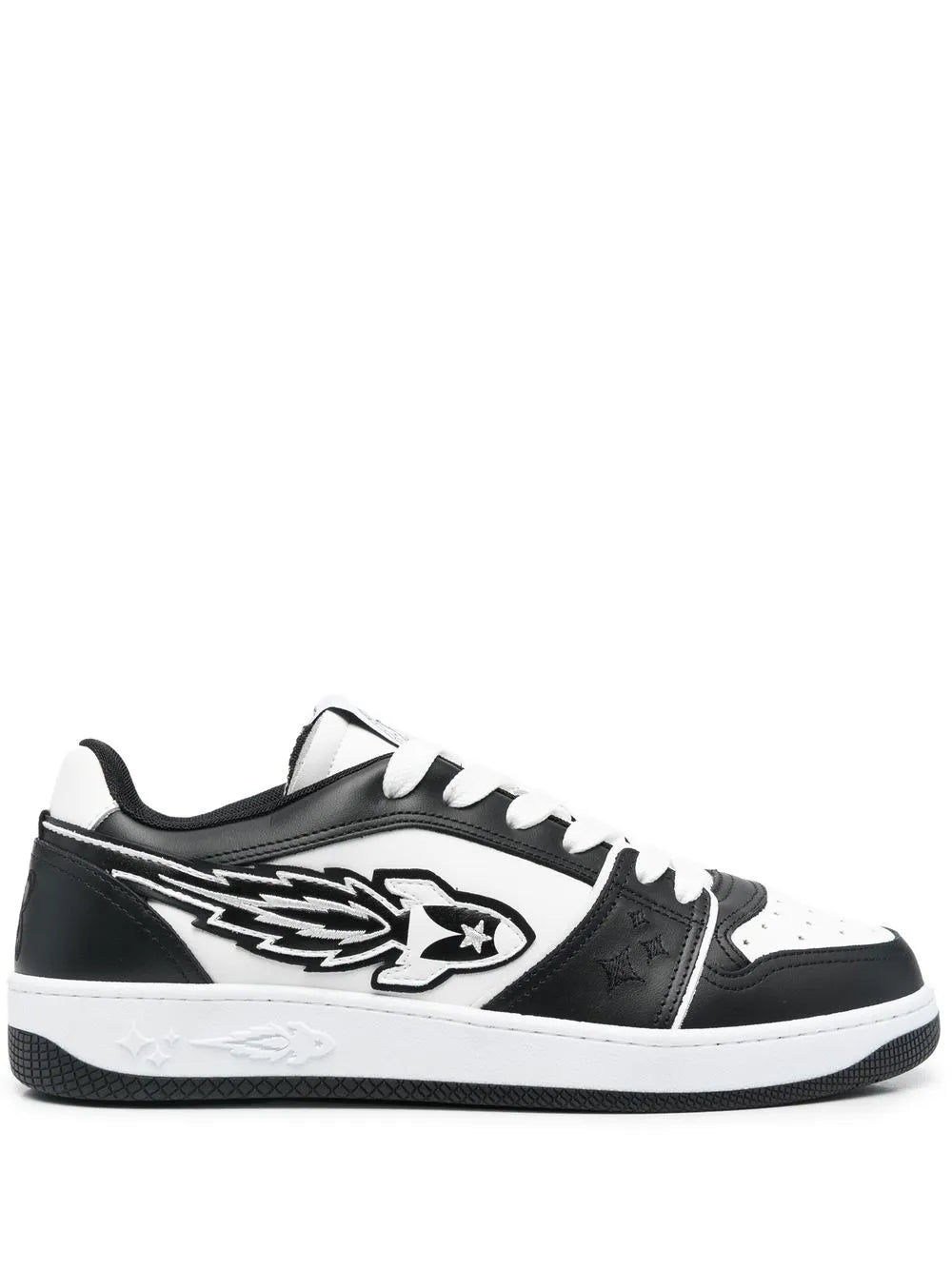 Black and white leather sneakers with winged logo detail and white laces