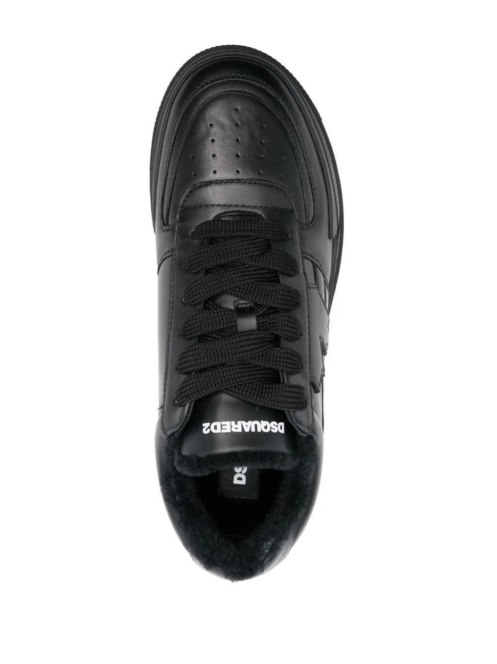 Black low-top sneaker front view with black laces and Dsquared2 logo on tongue