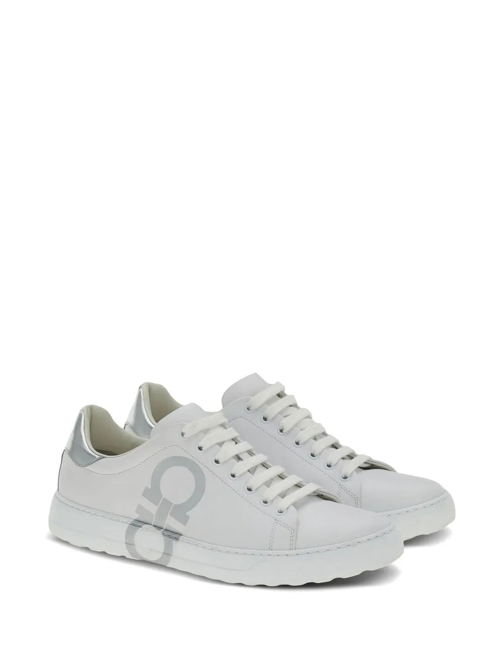 Ferragamo Gancini-print lace-up sneakers, white uppers, angled view with side print
