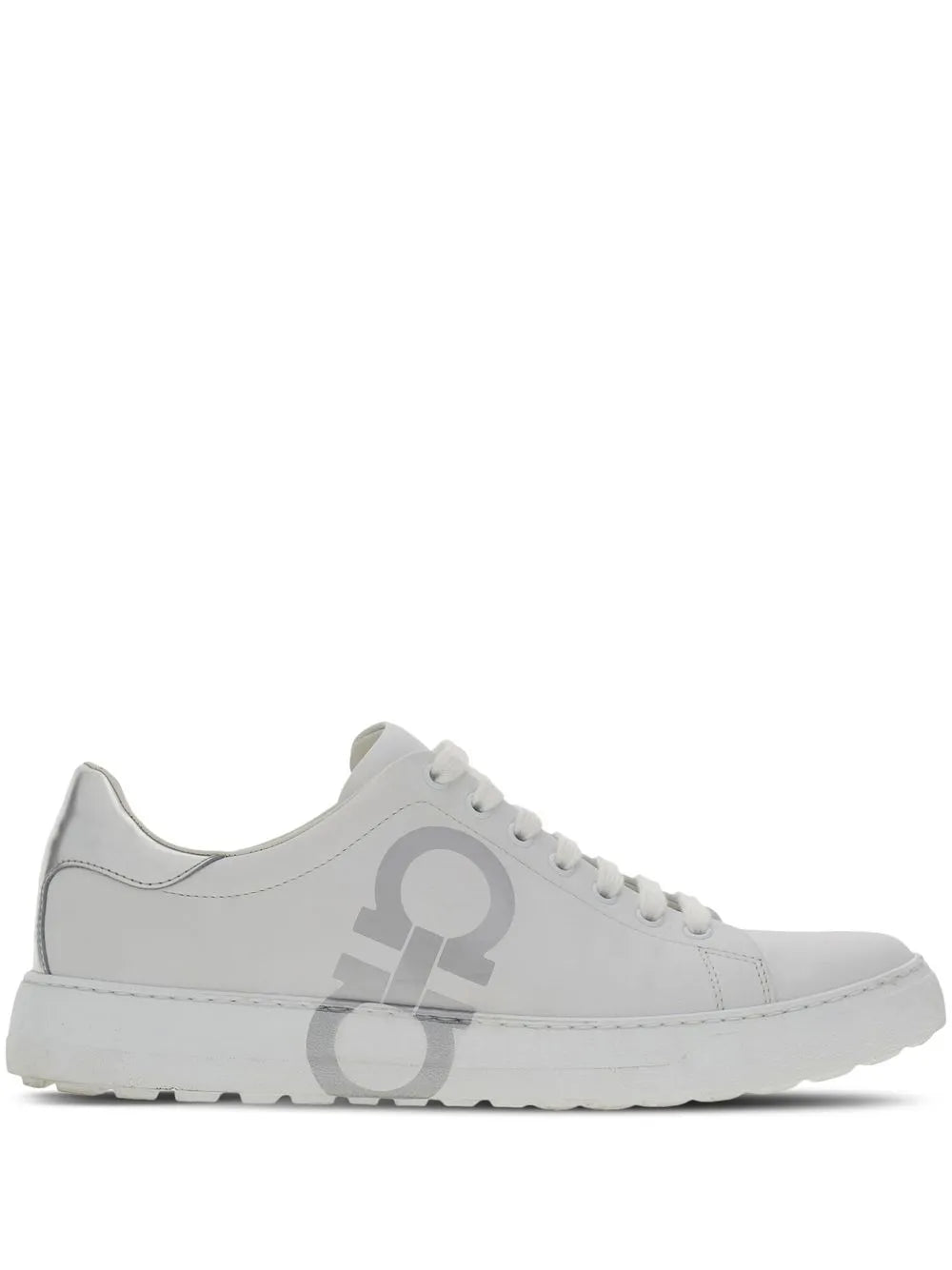 Ferragamo Gancini-print lace-up sneakers, white uppers with side logo print