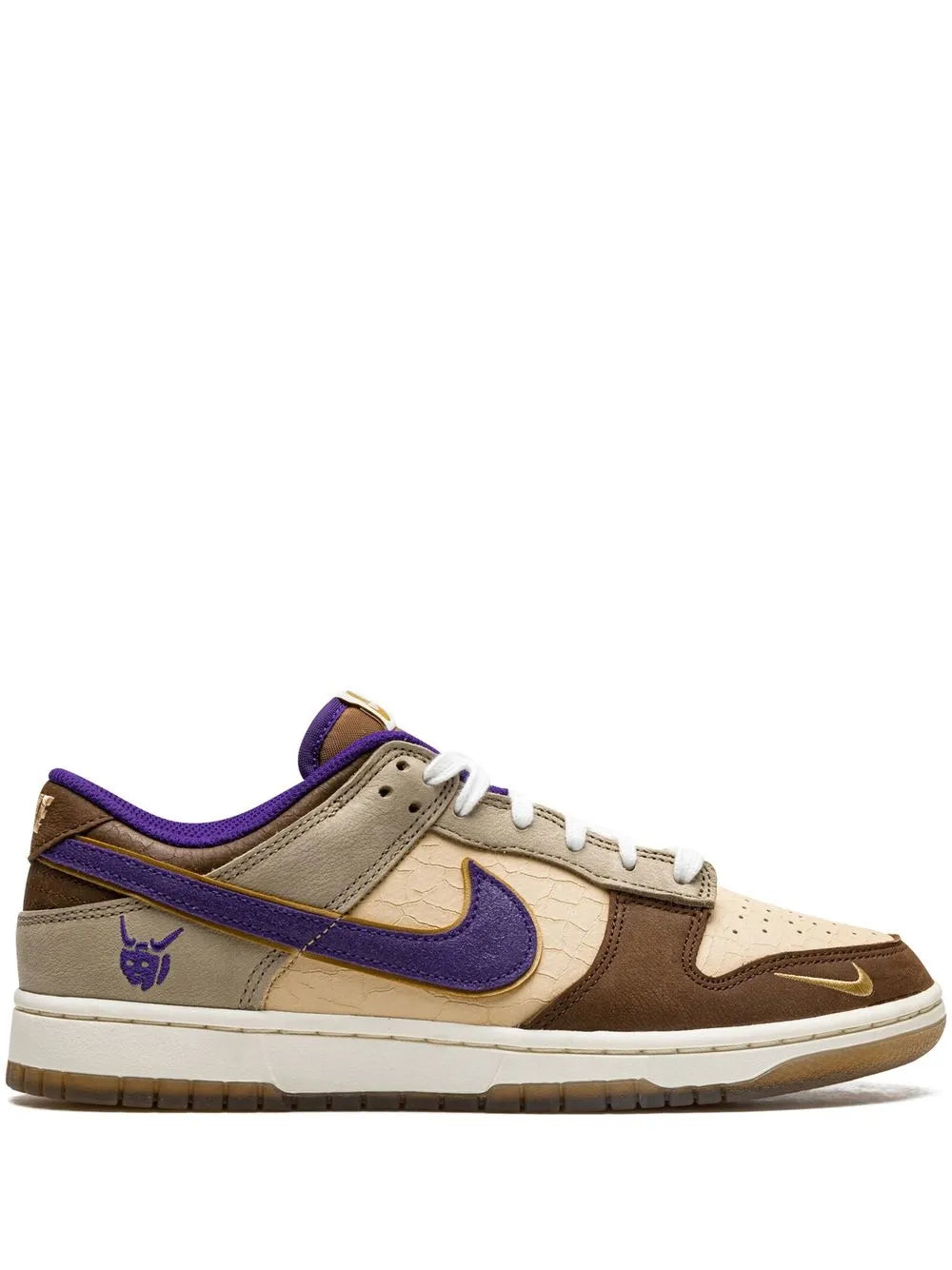 Low-top Nike Dunk PRM sneakers with beige, brown, purple panels and white laces