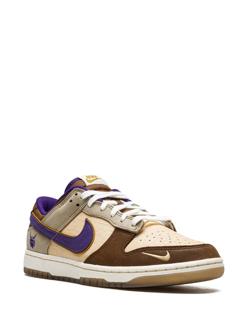 Nike Dunk PRM low-top sneakers, side view, beige suede with brown and purple overlays