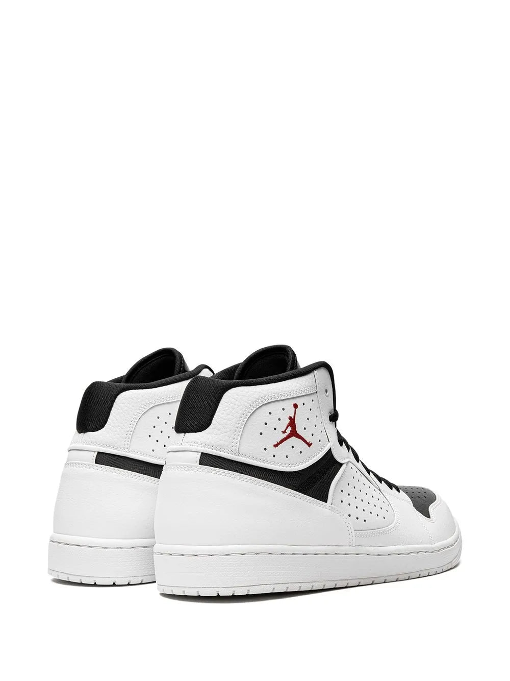Pair of white high-top sneakers with black collar and red Jumpman on heel
