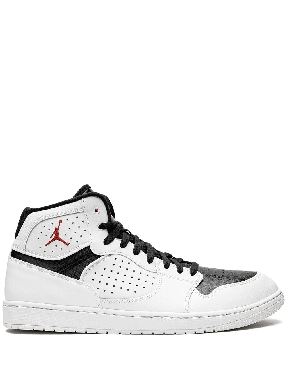 White and black high-top sneakers with red Jumpman logo and black laces