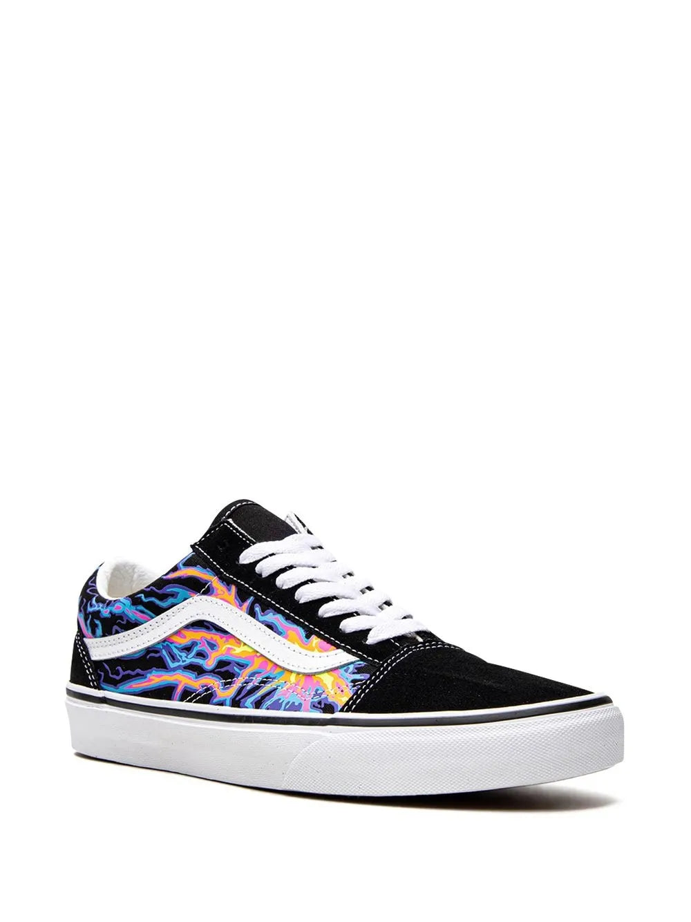 Vans Old Skool black low-top skate shoe with colorful flame quarter panel and white laces