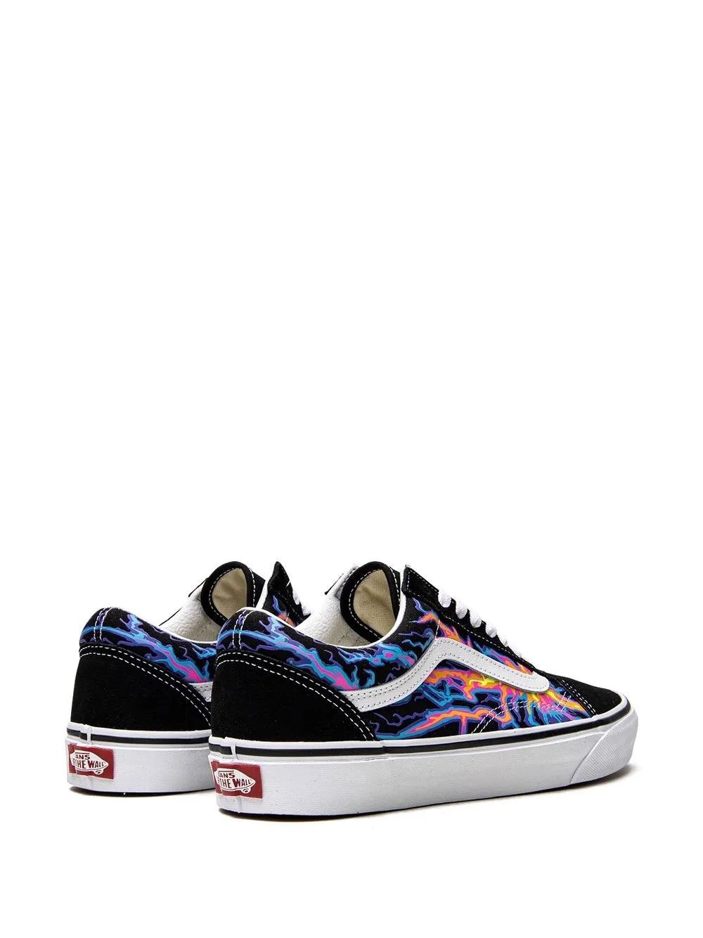 Vans Old Skool pair: black low-top with colorful flame print and white midsole