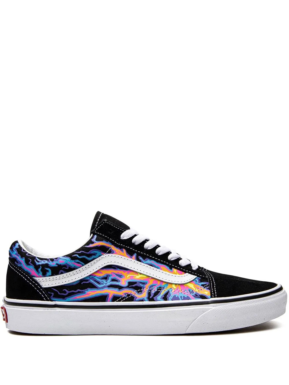 Vans Old Skool black skate shoes with neon flame side stripe and white laces