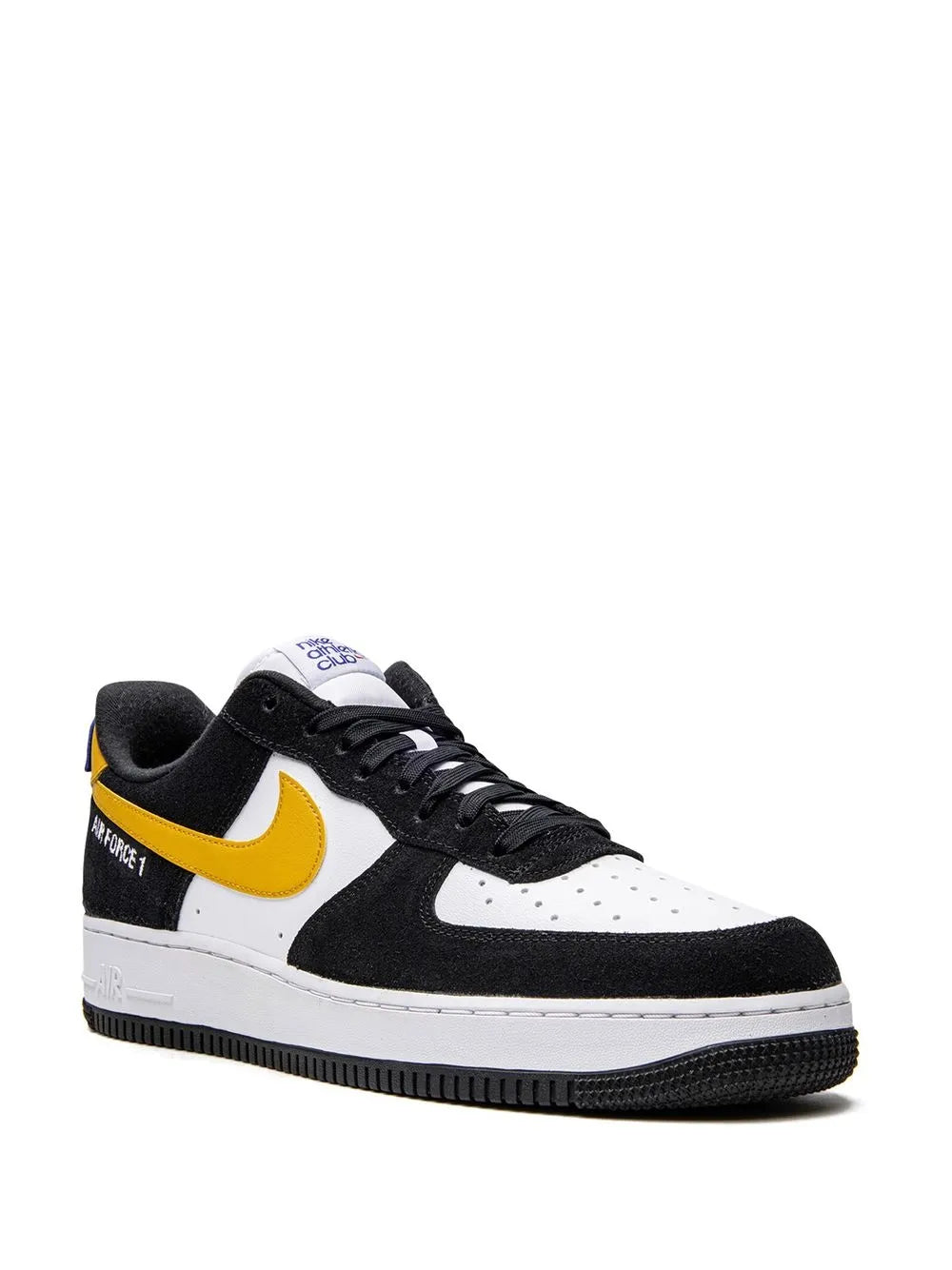 Nike Air Force 1 low-top sneakers, lace-up, white toe, black side panels, yellow swoosh