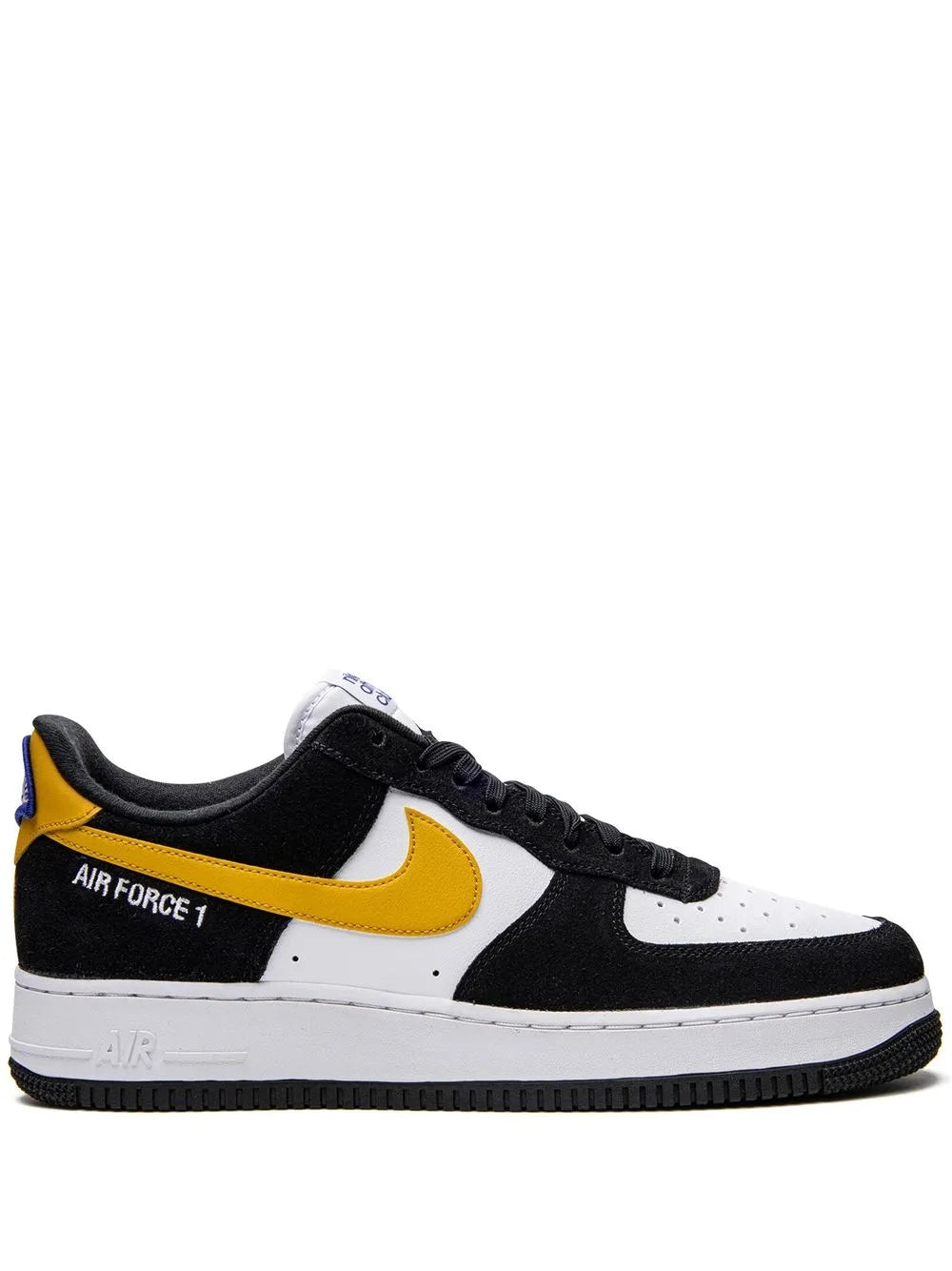 Nike Air Force 1 low-top sneakers with black, white panels and yellow swoosh