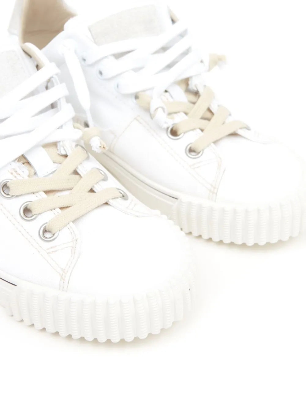 Maison Margiela off-white low-top sneakers, close-up of laces and platform sole