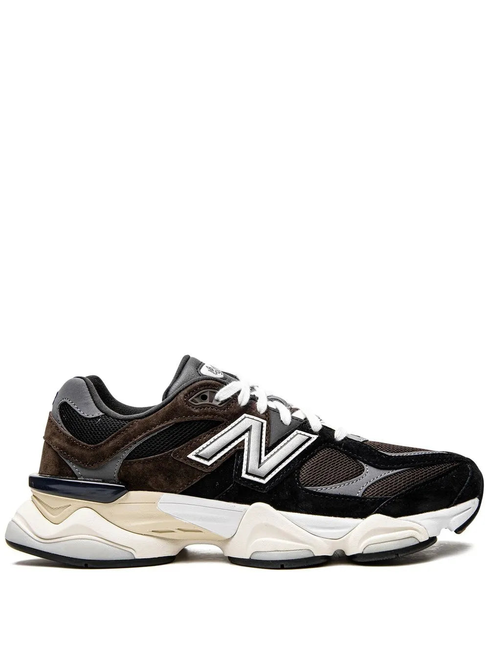 New Balance 9060 low-top sneakers, black with brown panels, white laces