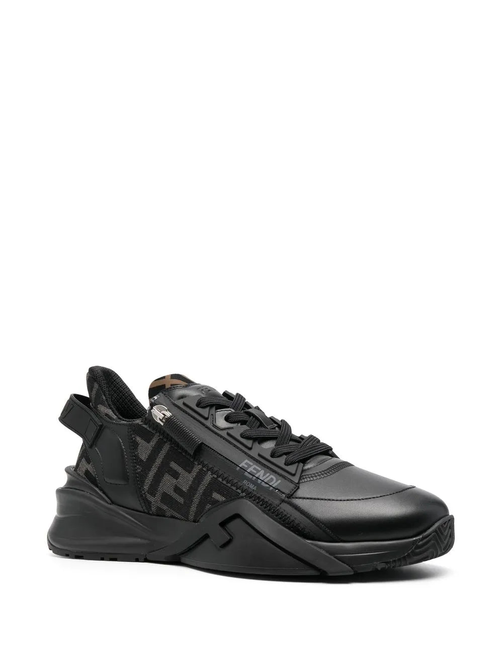 Dark Fendi low-top sneakers, side view with FF monogram patch and lace-up