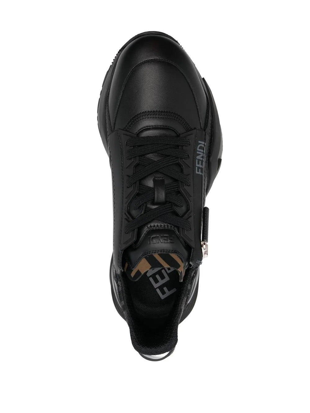 Dark Fendi low-top sneakers, front view with lace-up and FENDI branding on tongue