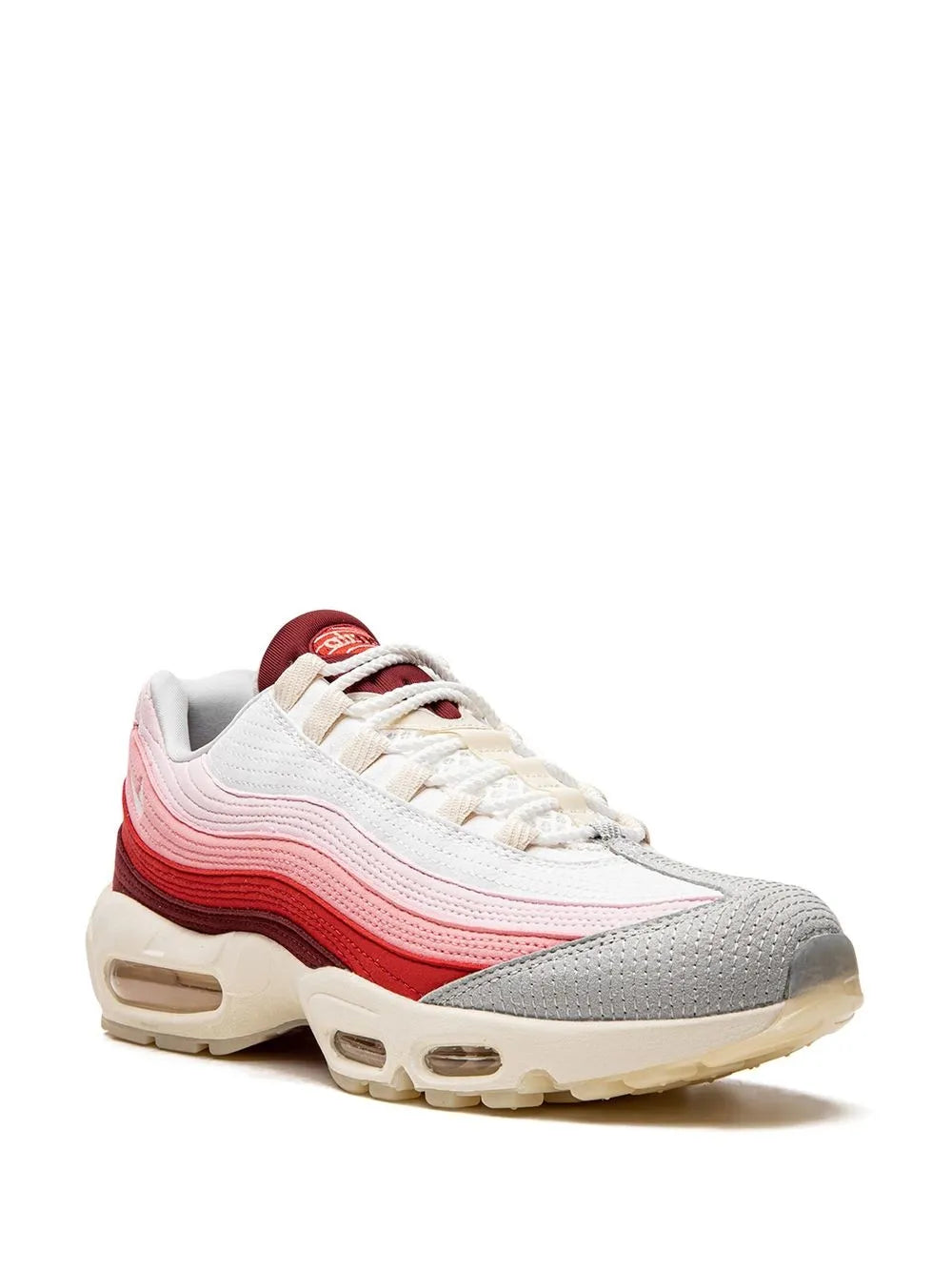 Nike Air Max 95 QS sneakers, white upper with red stripe overlays and tan outsole
