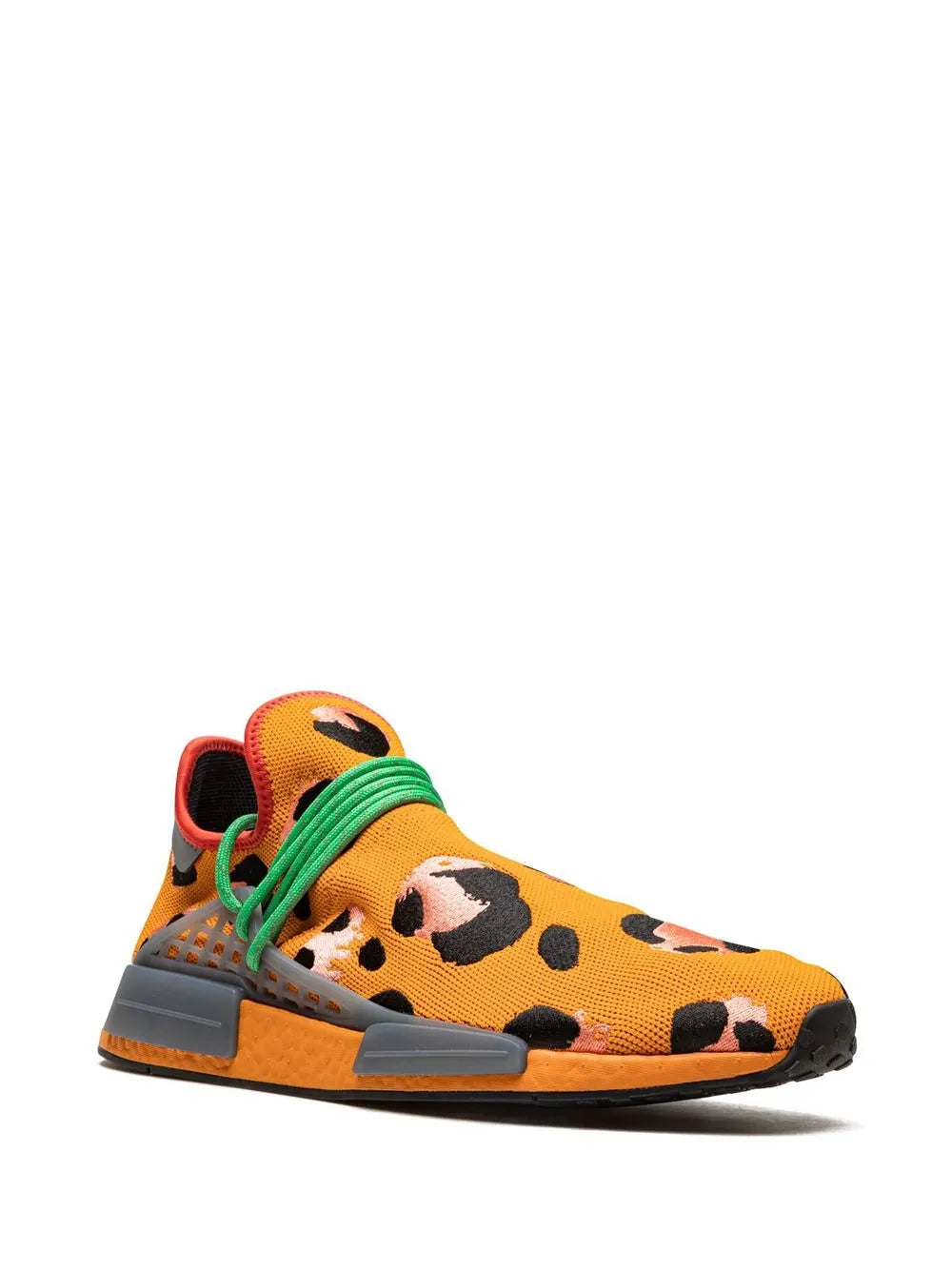 Side view of orange leopard-print sneakers with green lace ties and gray sole
