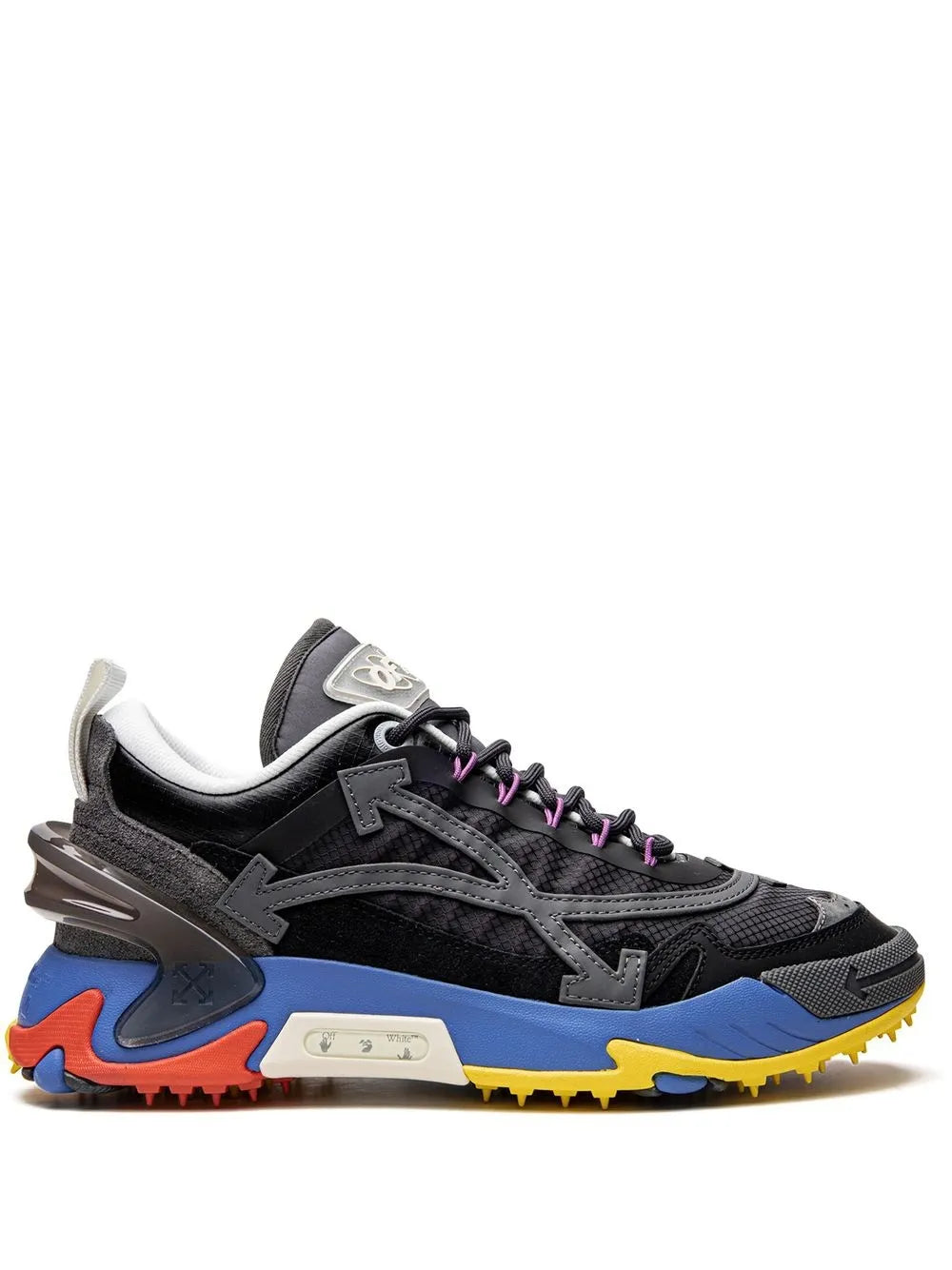 Black Off-White sneaker with multicolor sole, purple laces, and white heel tag