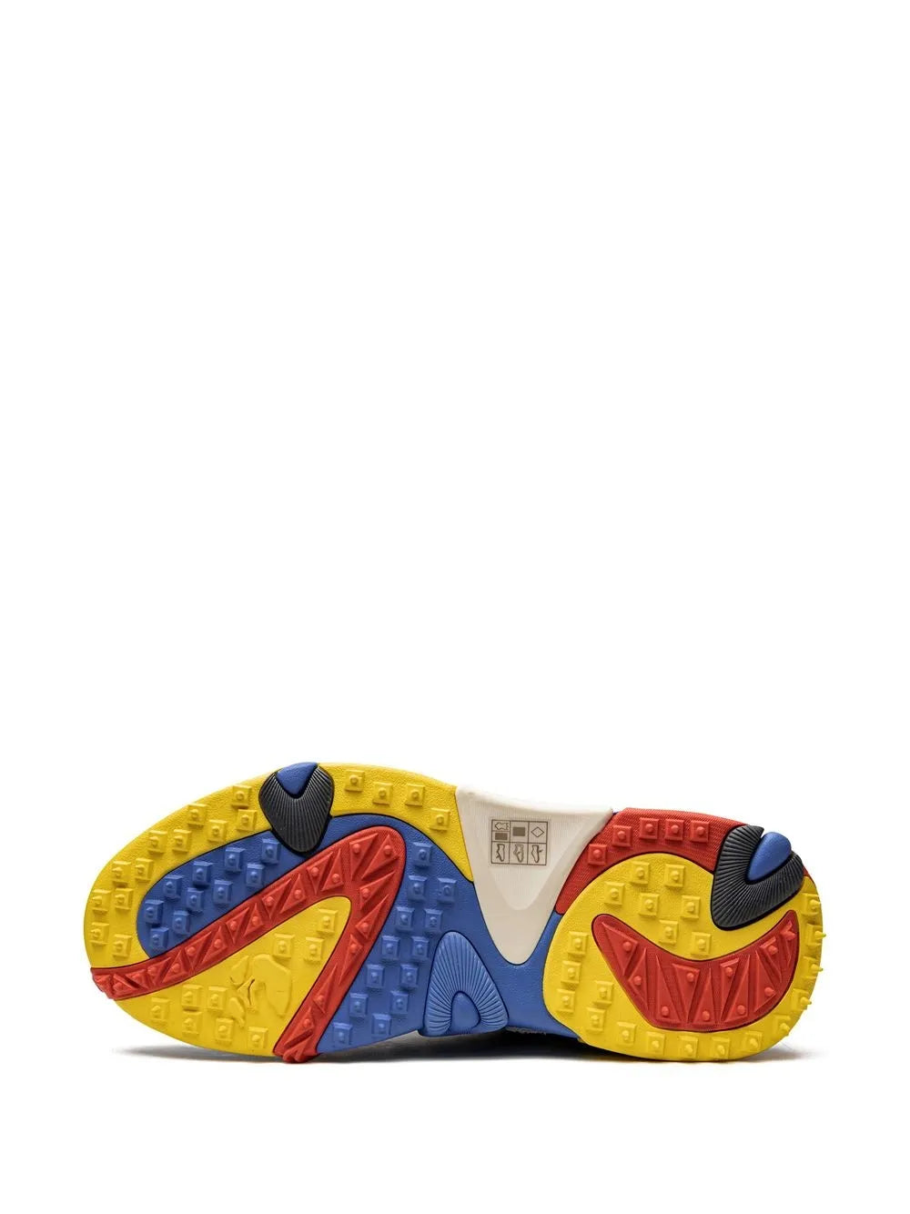 Off-White sneaker outsole with blue, yellow, red, and black traction pattern