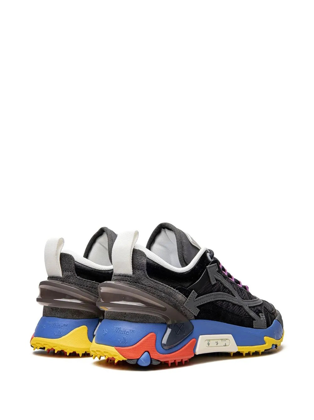 Black Off-White sneaker rear three-quarter view with multicolor sole and white heel