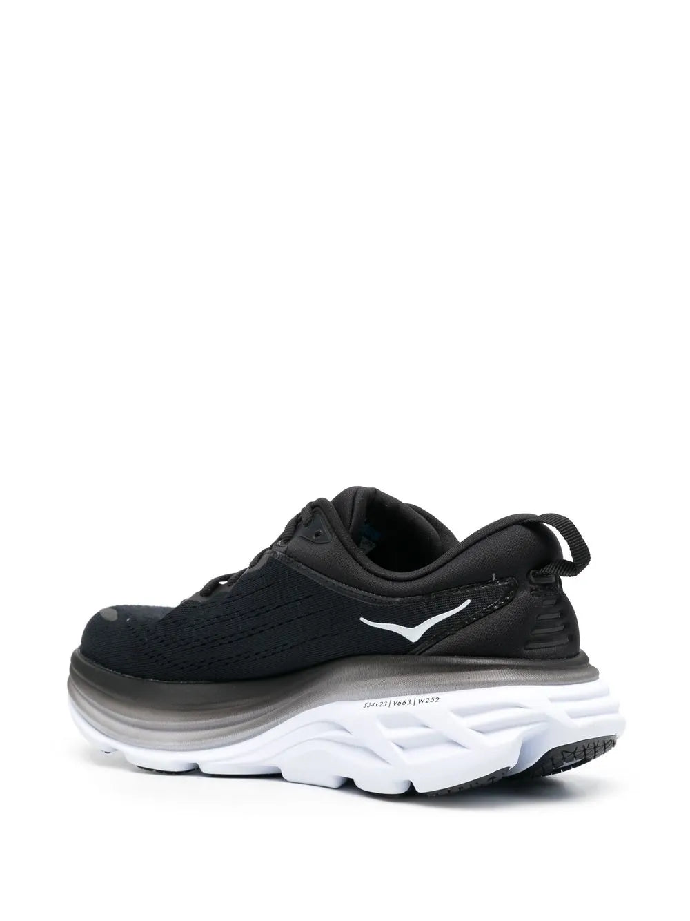 Black lace-up low-top running shoe with cushioned white sole, side heel view