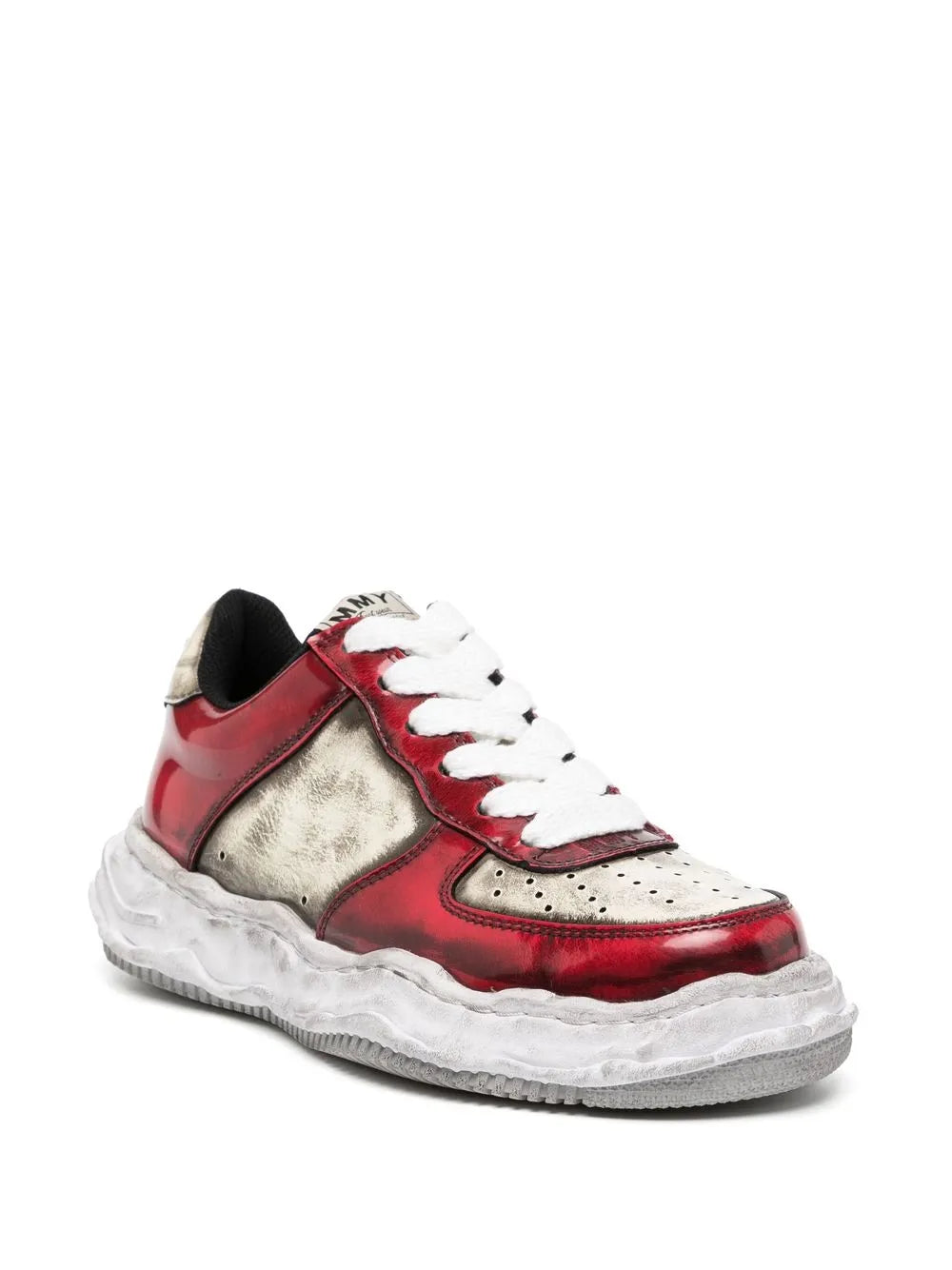 Side view distressed low-top sneakers, red and silver-toned panels, white laces