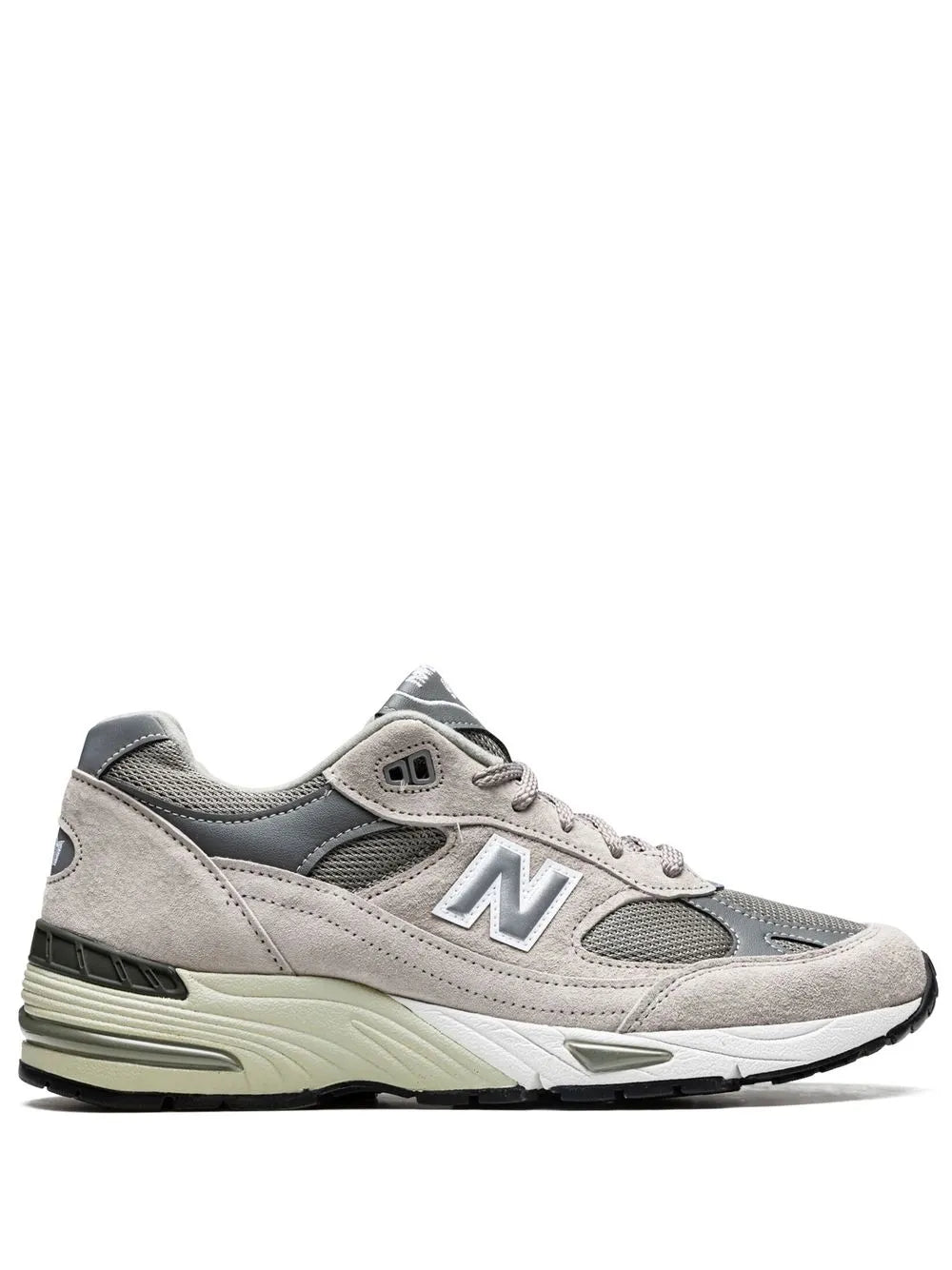 Grey New Balance 991 low-top sneakers with N logo and lace-up closure