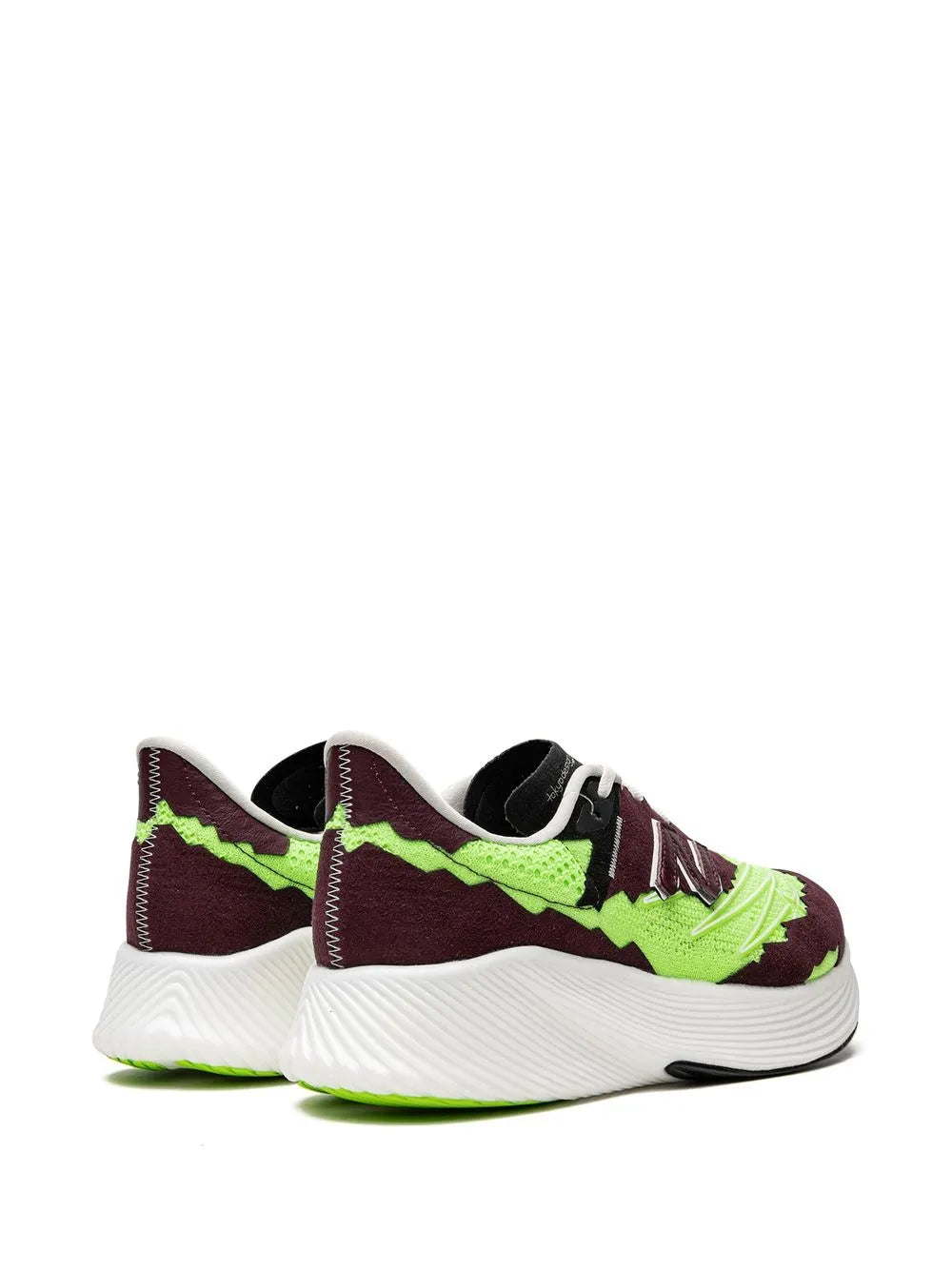New Balance sneakers, rear/side view, maroon upper with neon green accents and white sole