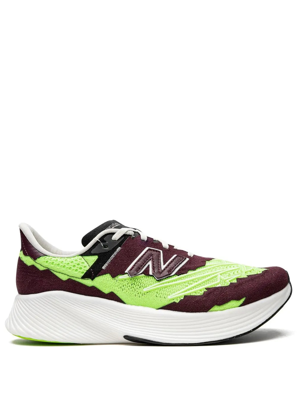 New Balance sneakers in maroon and neon green with white sole and N logo