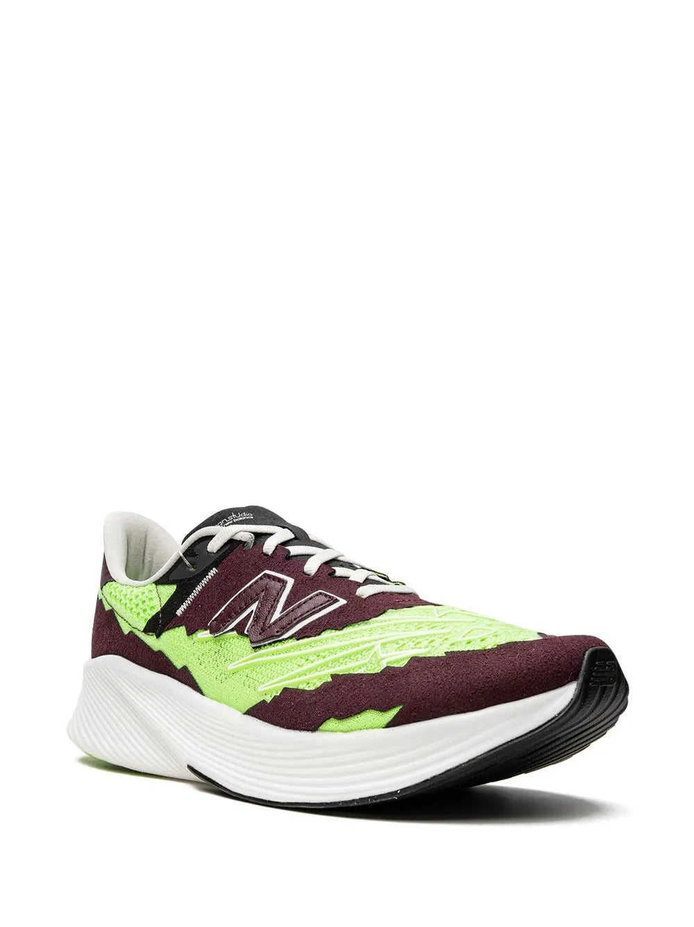 New Balance sneakers, side view, maroon upper with neon green trim and white sole