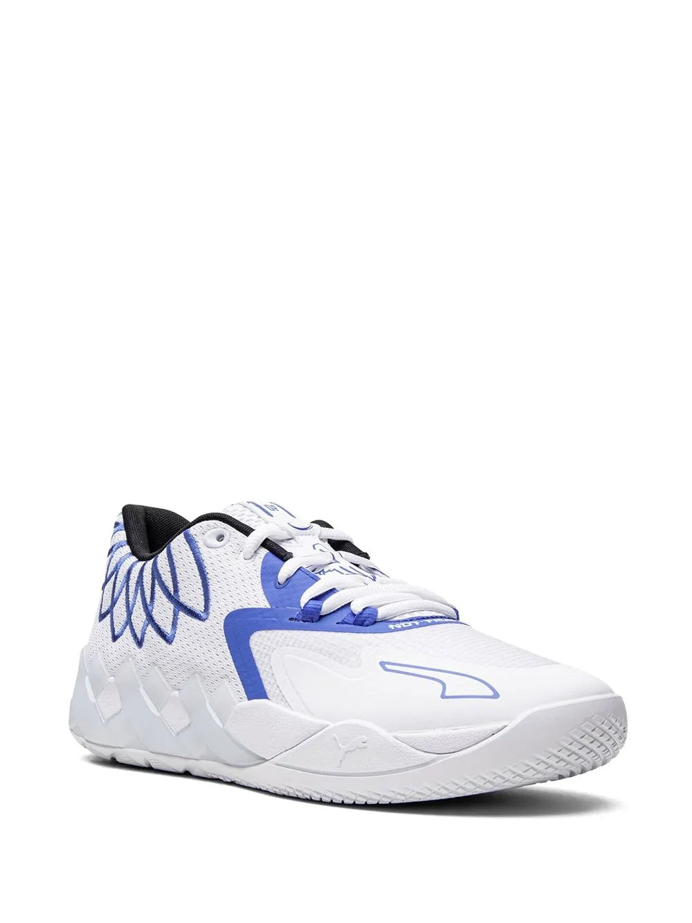 PUMA Mb.01 low-top sneaker, side/front view, white mesh with blue accents