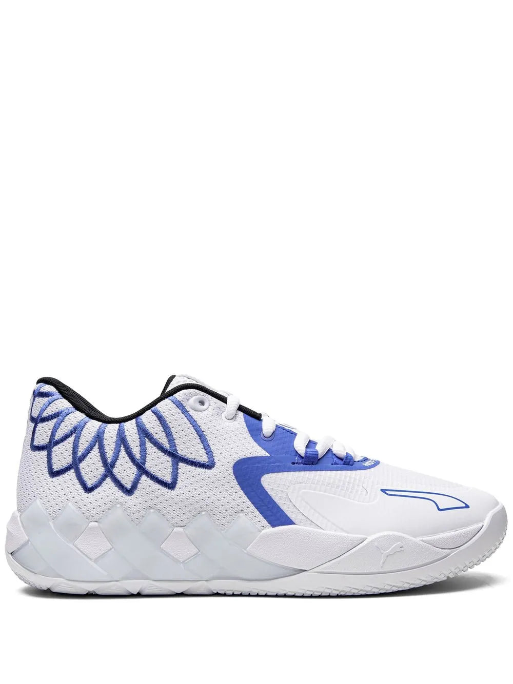 PUMA Mb.01 low-top sneaker in white with blue wing pattern and lace-up