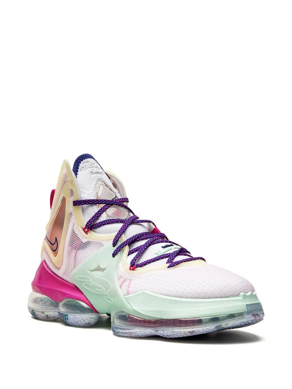 Nike Lebron 19 high-top basketball shoe, white upper with purple laces and mint green accents