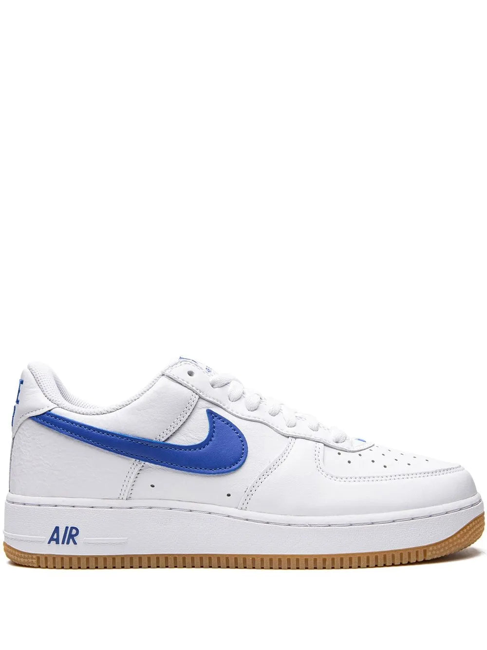 Nike Air Force 1 '07 low-top sneakers, white leather with royal blue Swoosh and gum sole