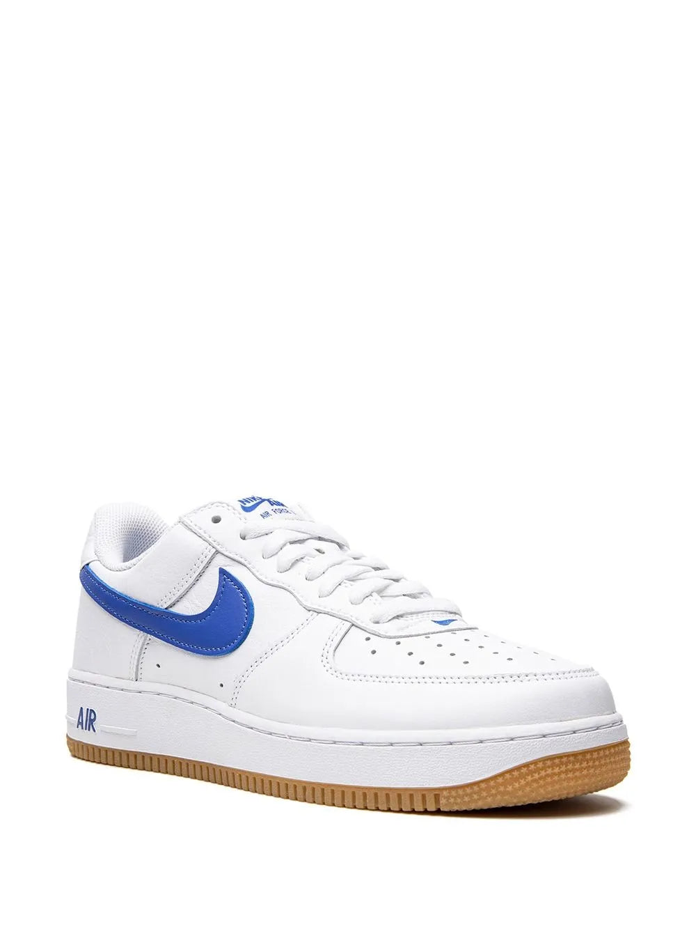 Nike Air Force 1 low-top sneakers with white upper, royal blue Swoosh, and gum outsole