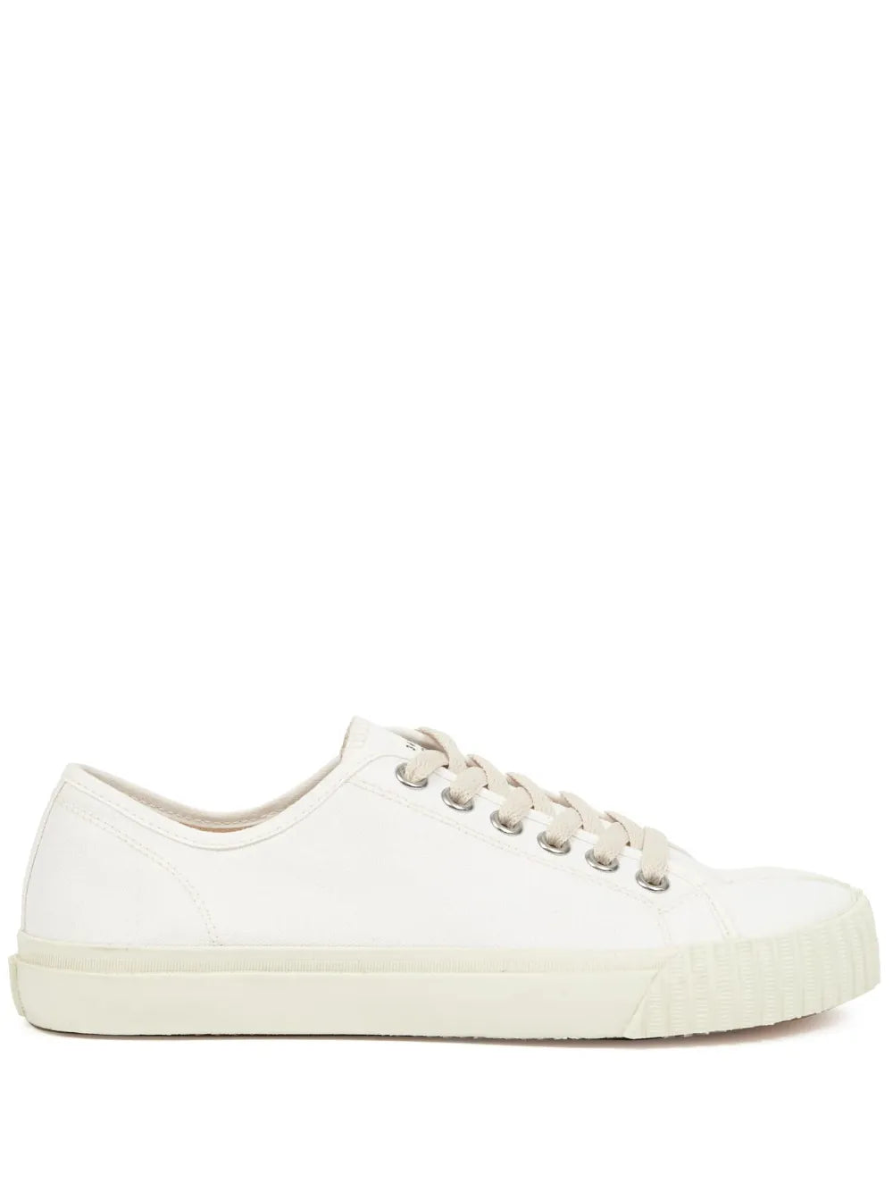 White leather Tabi low-top sneakers with lace-up front, split toe, rubber sole.