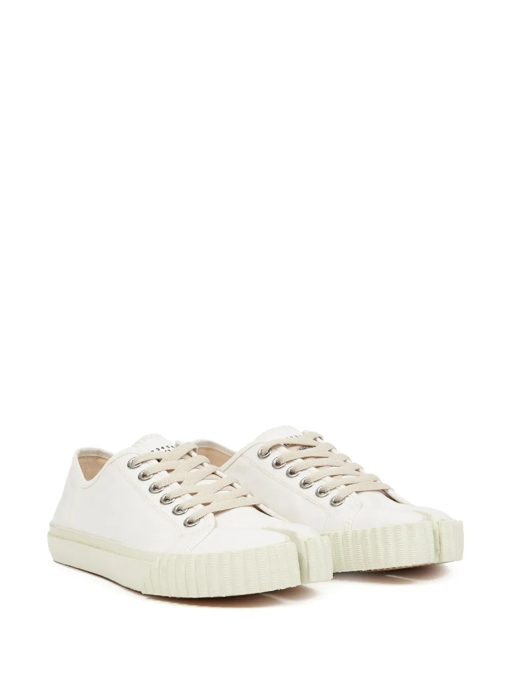 Pair of white lace-up low-top Tabi sneakers with split-toe design and textured outsole.