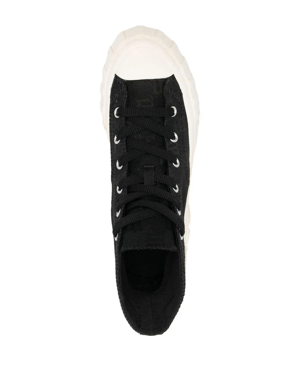 Black high-top sneaker with black laces and padded tongue, white rubber sole
