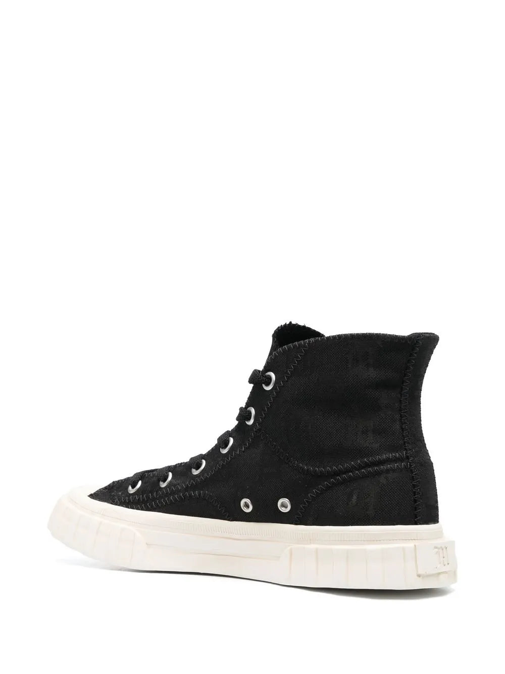 Black high-top sneaker side view with lace-up eyelets and white rubber sole