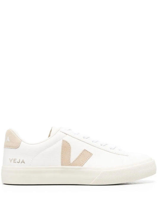 White low-top sneakers with beige V logo and white lace-up