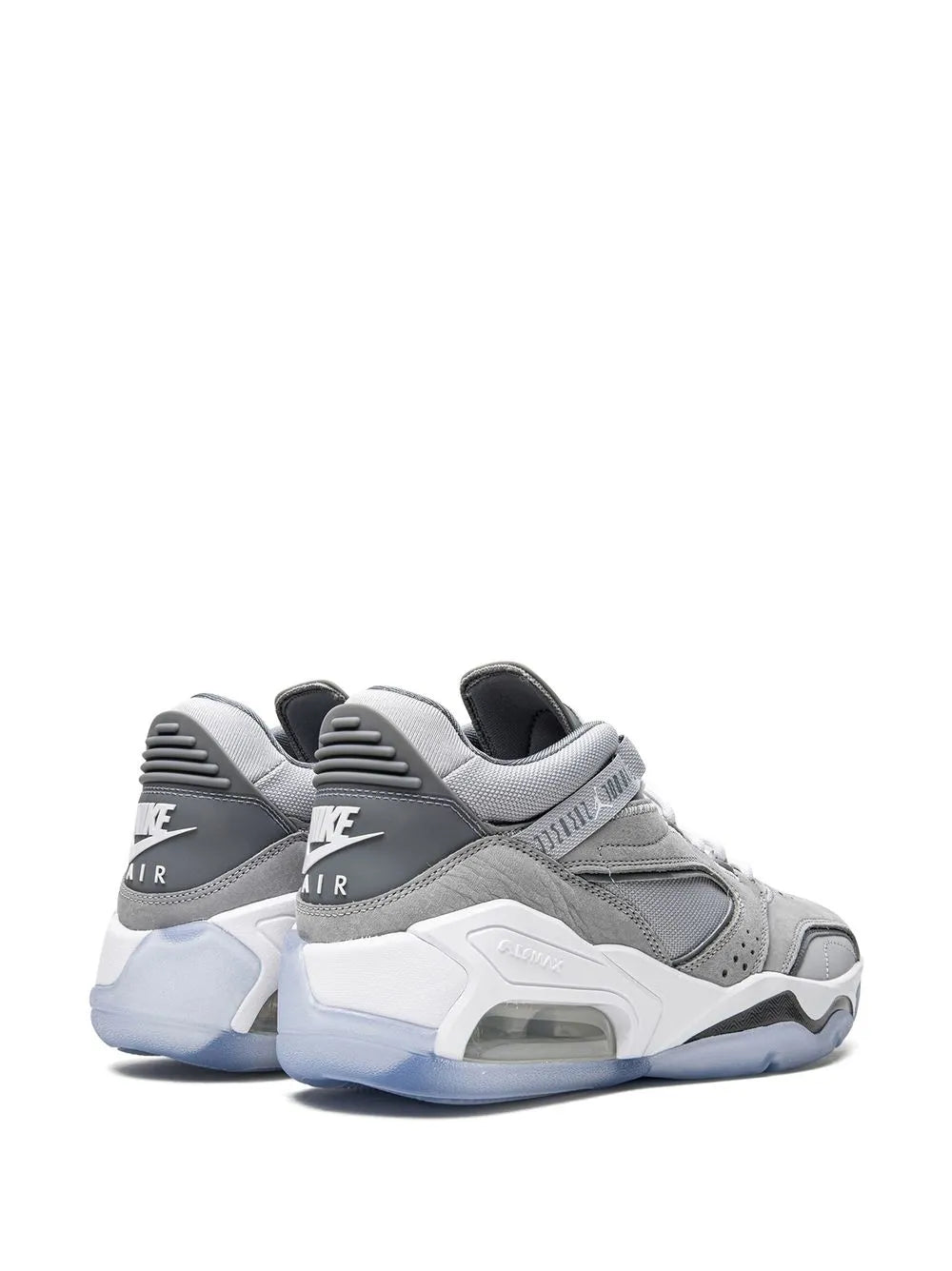 Gray and white low-top sneakers with heel pods and Nike Air branding