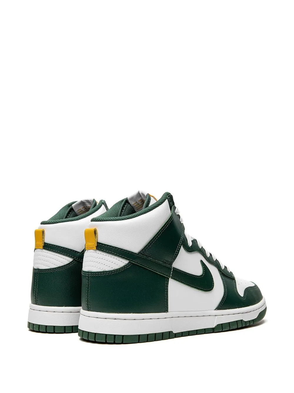 White and dark green high-top sneakers with Nike swoosh and padded collar