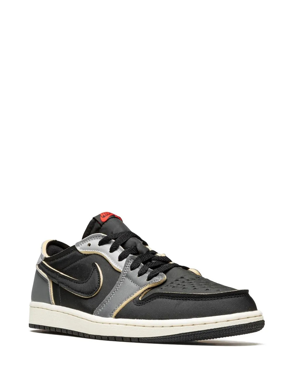 Low-top lace-up sneakers with black and gray uppers, white midsole, Swoosh logo.