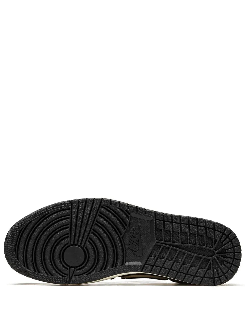 Sneaker outsole with black rubber tread and circular logo, for low-top sneakers.