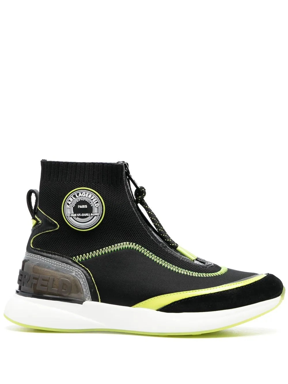 Logo high-top sneakers with lace-up, black knit, neon green trim, white sole